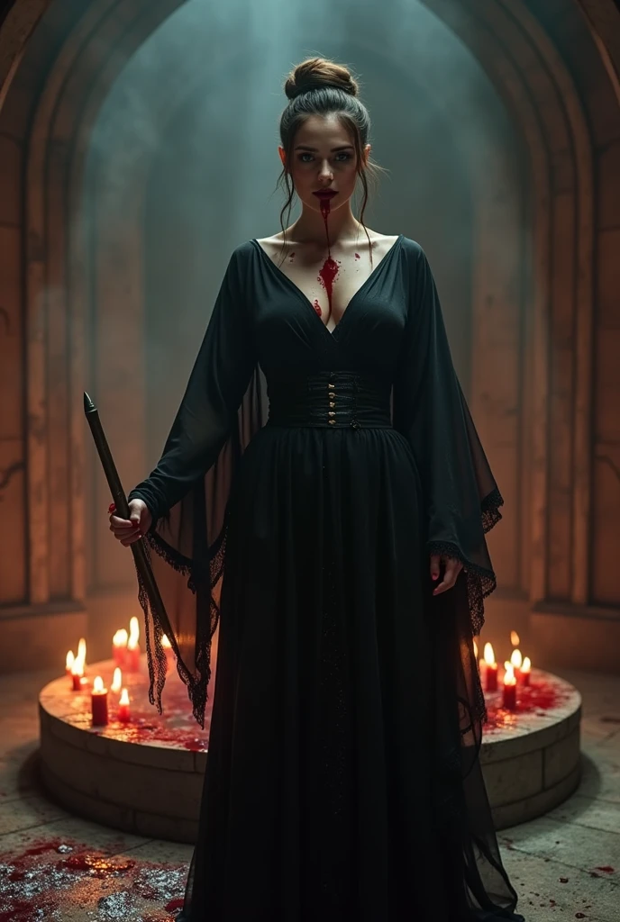 Full body imagery of a Beautiful, evil cult leader with brown hair tied in a bun. Dark red lips curled up into a smile. Black blood stained robes tight against her perfect body. A bloody dagger in her hand as she completes another ritual sacrifice of a baby. In a dark temple with a bloody sacrificial altar.