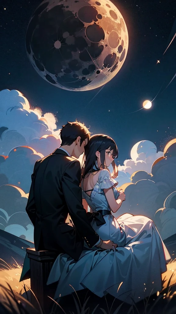 arafed couple sitting on a hill looking at the moon, looking at the moon, ☁🌪🌙👩🏾, looking at the stars, with stars, looking at the full moon, emotional picture, nighttime, moon behind him, looking at the sky, looking to stars, ✨🕌🌙, with the sky full of stars, moons in background