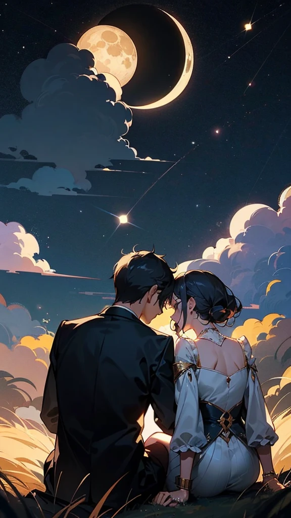 arafed couple sitting on a hill looking at the moon, looking at the moon, ☁🌪🌙👩🏾, looking at the stars, with stars, looking at the full moon, emotional picture, nighttime, moon behind him, looking at the sky, looking to stars, ✨🕌🌙, with the sky full of stars, moons in background