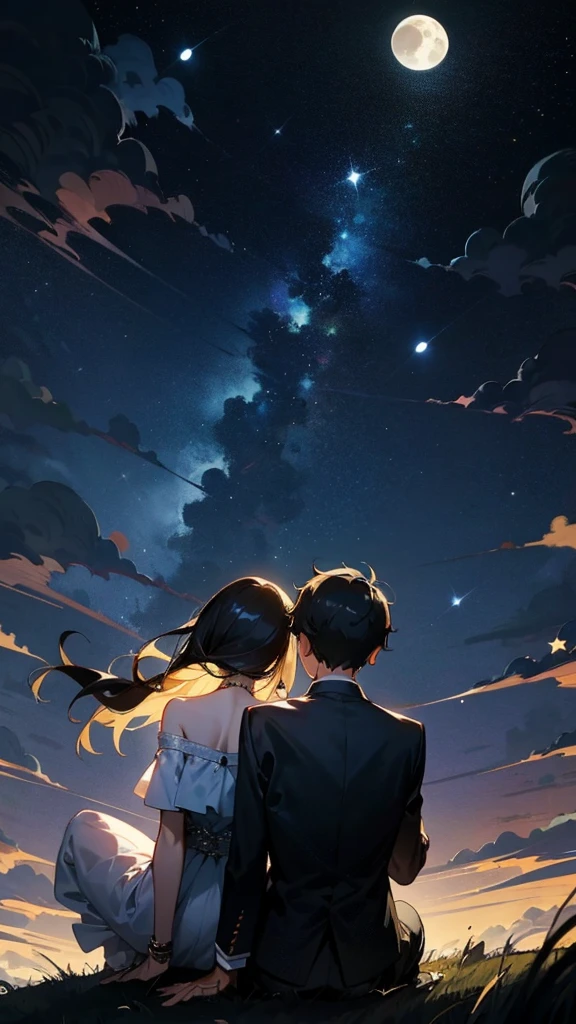 arafed couple sitting on a hill looking at the moon, looking at the moon, ☁🌪🌙👩🏾, looking at the stars, with stars, looking at the full moon, emotional picture, nighttime, moon behind him, looking at the sky, looking to stars, ✨🕌🌙, with the sky full of stars, moons in background