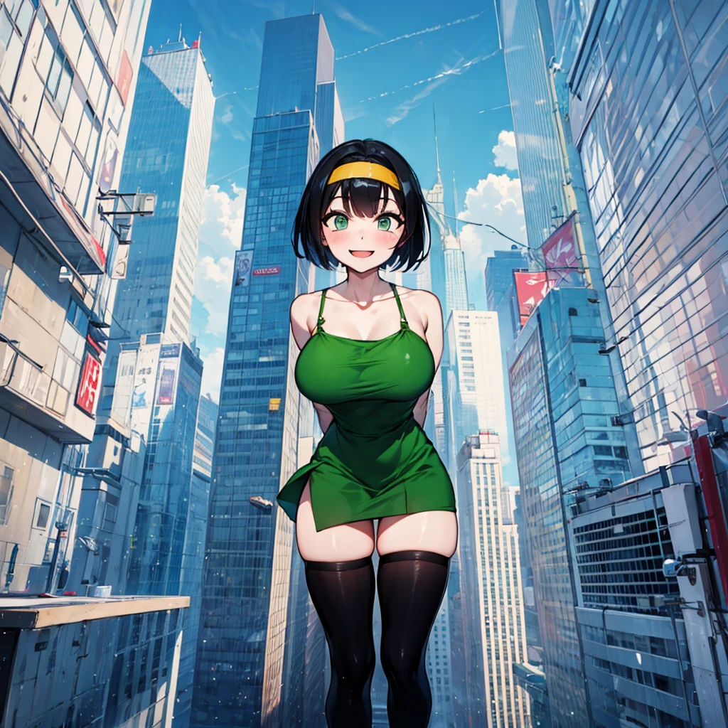(solo), (1 skinny girl standing), arms behind back, swaying back, (tight-fit black thighhighs), collarbone, BREAK, (yellow hairband), green dress with shoulder straps, (shoulderless white shirts under dress), glass-walled skyscrapers in distance, BREAK, (long skinny legs), huge breasts, BREAK, (forced smile:1.3), (dripping tires:1.3), (disappeared), open mouth, orgasm, nsfw, pussy juice dripping down between thighs