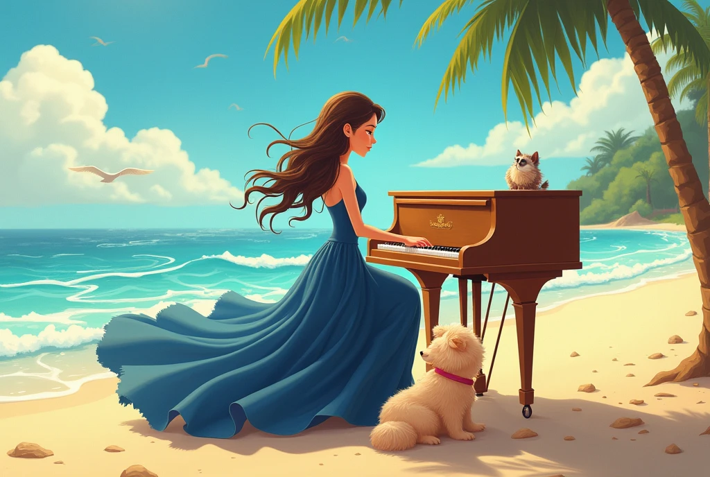 woman wearing navy blue dress playing piano at beach with her fluffy dog looking at her . warm and fantasy with cartoon style .