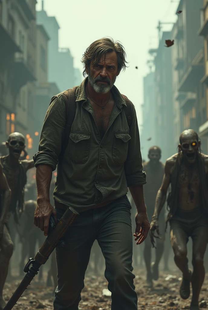 Man fighting alone with attacking zombie apocalypse