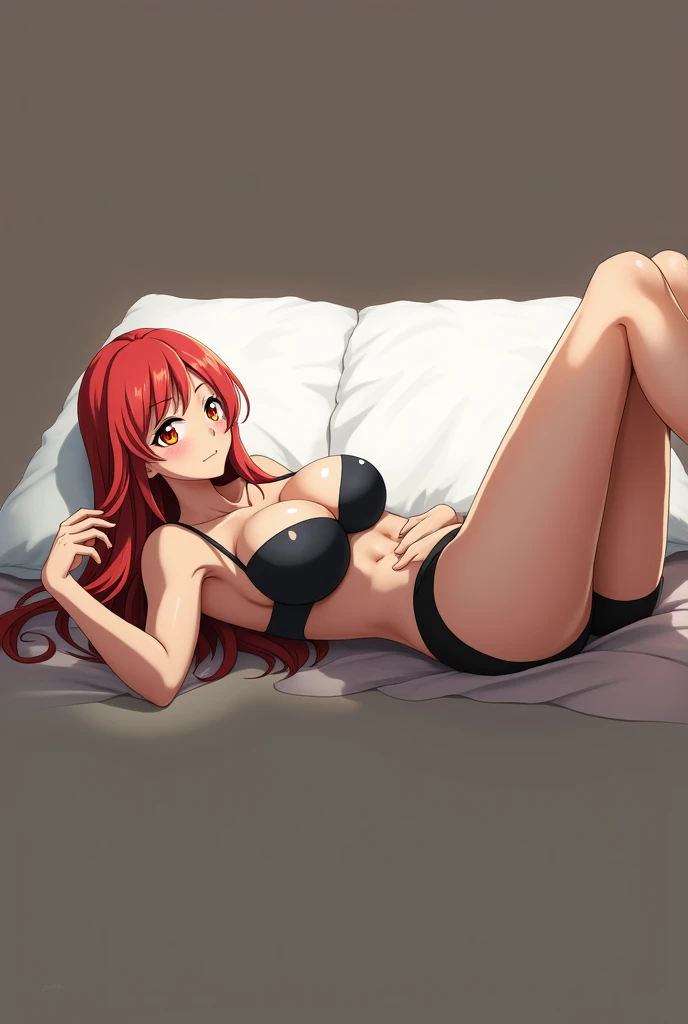 ((masterpiece)), ((best quality)), (detailed), perfect, solo, Ranma Chan, redhead, gorgeous woman with bikini, luscious lips, long hair, huge breast, deep cleavage, huge breasts, sexy, lying down