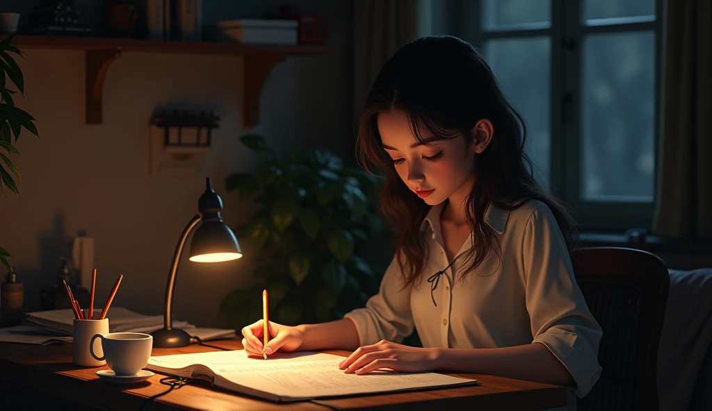 Beautiful writer typing at the desk late at night,Delicate facial features,Reality style