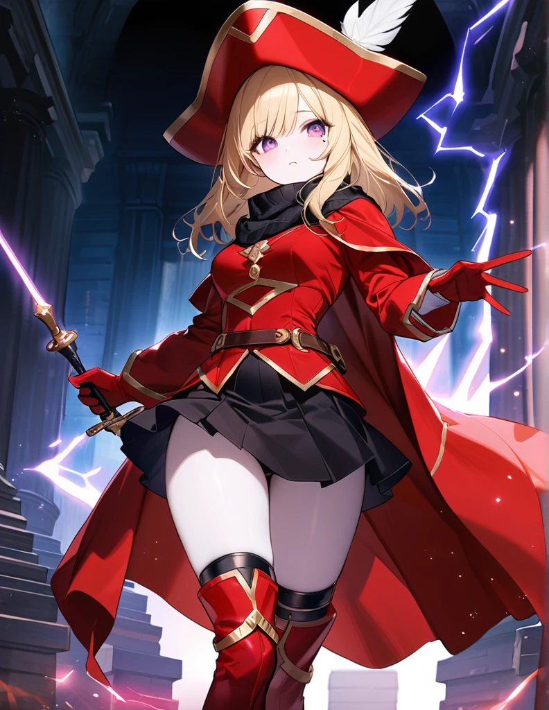 (One Woman),(Best image quality, 32K, masterpiece:1.3),((Blonde medium hair:1.1)),(Swept-apart bangs,), (Cute eyes, Dark Eyes), (Detailed eyes),(Mole under right eye), (Standard weight), (Glowing Skin:1.1),(Pale skin:1.2),(A fantastic atmosphere),(look up),Ultra-high resolution, Textured skin, Sparkle Effect, whole body,absolute thigh area,Red Mage,Thunder Effect,
Red Musketeer Outfit,Red Musketeer Feathered Hat,Have a rapier,Produces magical lightning from hands,magic circle,Red Cape,Black scarf,Red, luxurious long boots,Black Mini Skirt,Red luxurious long gloves,Leg belt,Leg Ring,Lightning aura,
Slanted Eyes,
Ancient temple,