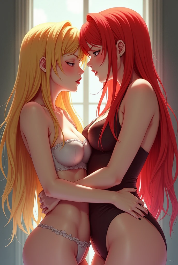 NSFW, Extra large breasts, Marin Kitagawa long blonde hair with red streaks with her lower half being Makima from Chainsaw man red hair orange spiral eyes, both girls blushing