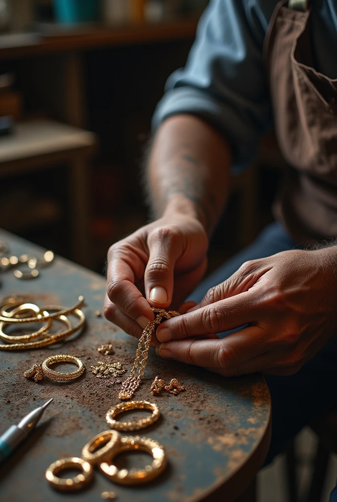 A series of realistic images capturing the intricate and challenging process of jewelry making, showcasing the artisan's rough hands working with lustrous materials from various angles