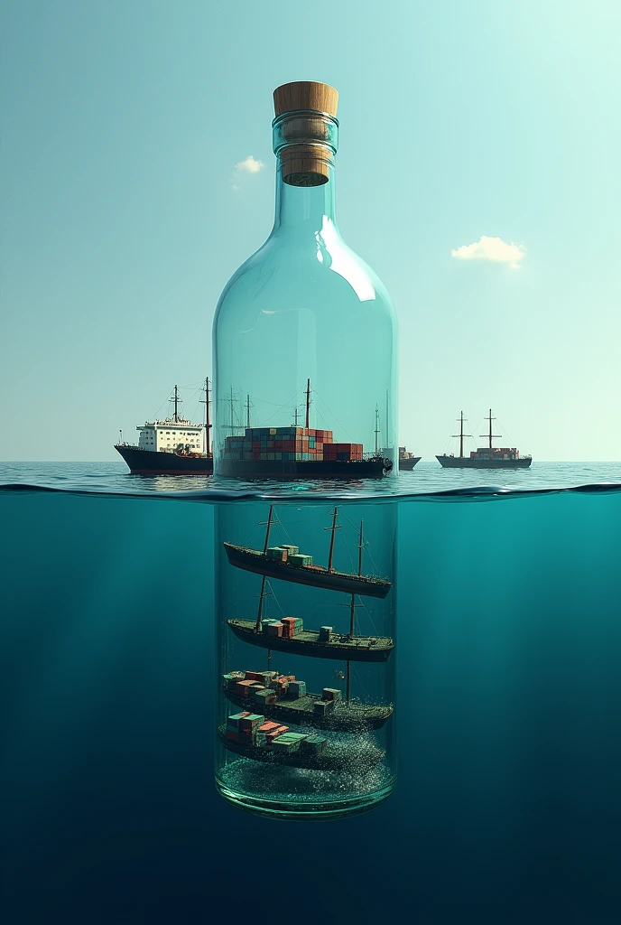 a giant bottle, transparent color. floating in the middle of the ocean. in the bottle, many cargo ships line up to come out of the bottle. bottle lying flat in water. open bottle cap. Some ships have managed to get out of the bottle