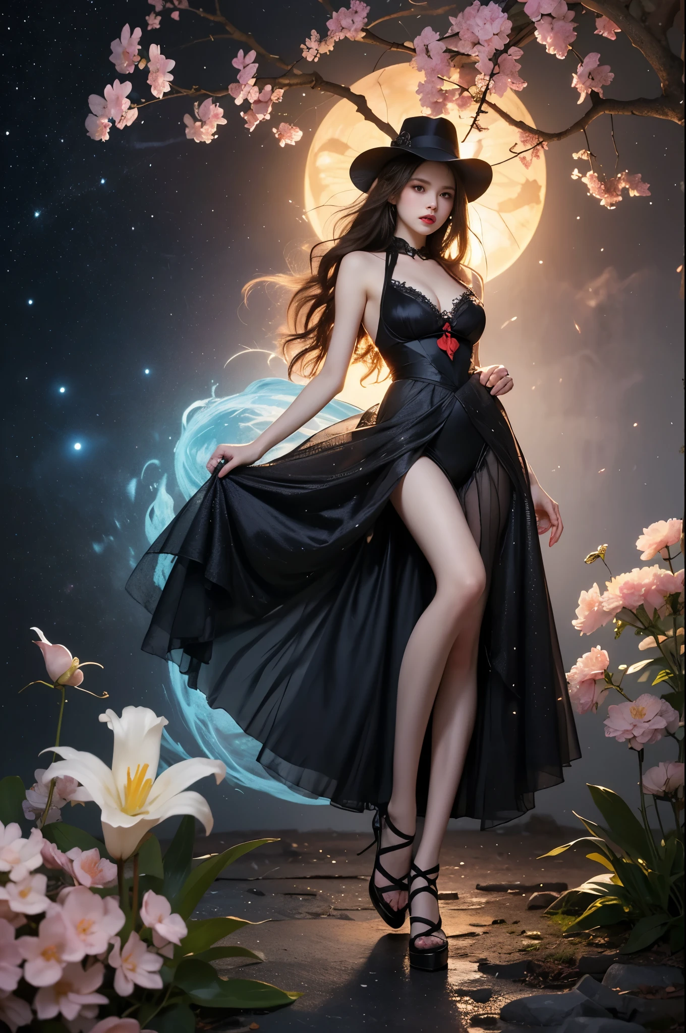 outfit-gladiia,hat elegant posture, She gently lifted her skirt with one hand,头发周围有白色的Butterfly兰,Lilac dendrobium、White Lily, Long legs , Deep in Wonderland, ((Flowing long hair))Official Art , Unity8k Wallpaper , Extremely detailed , Visible cleavage, Pretty and beautiful , 性感Long legs, masterpiece , best quality ,Practical, Very detailed illustrations ,Extremely detailed , Intricate details , Extremely complex and detailed , Very detailed 8KCG wallpaper , Caustics .reflection , Ray Tracing , Devil theme ,nebula ,Dark aura, Network Effects , (1 girl)solitary , 小蓝Butterfly , (Blue plasma flame , (insect , Butterfly)) Pastel tones in Rococo style ,Light white and light dark red , Incredibly beautiful , Cherry blossoms , Surrealism ,painting , Ethereal , Mixing reality and fantasy elements ,Ray Tracing , Complex Mode , Exquisite lines , Perfect your hands, Starry Sky , Colorful , Star