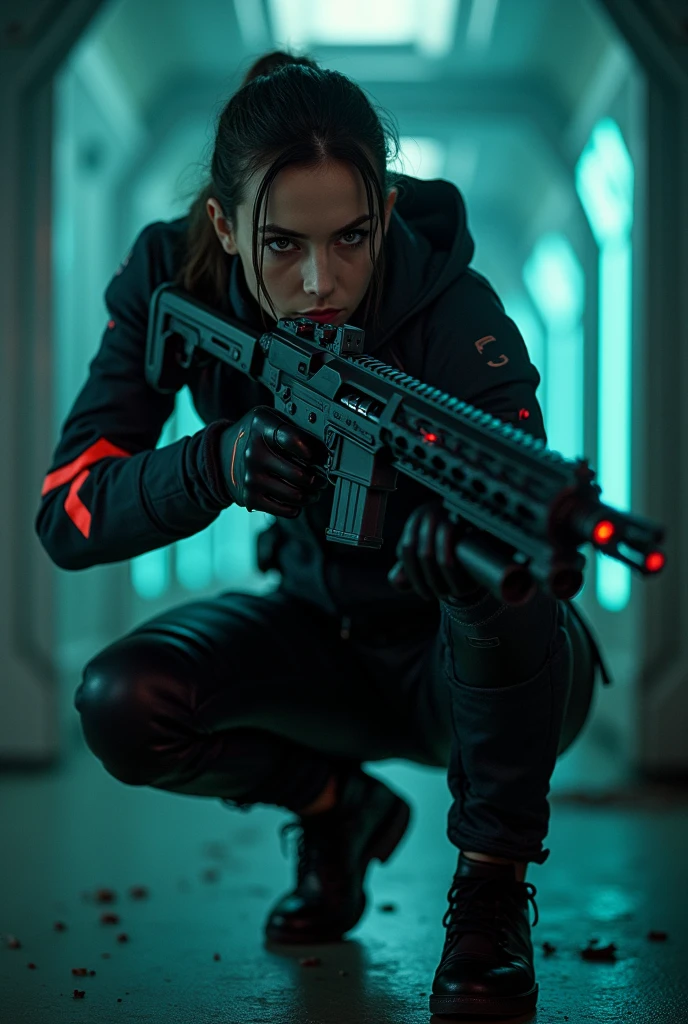 (grainy:0.5), Cinematic,girl, Ksenia Solo, space, serious, detailed eyes, Detailed face, detailed futuristic clothing, lights in clothing, (aiming gun:1.1), (hide:1.1), (squat, looking sideways :1.1), volumetric lighting, isolation, horror, dark lighting, red bioluminescent details, green bioluminescent details, blue bioluminescent details