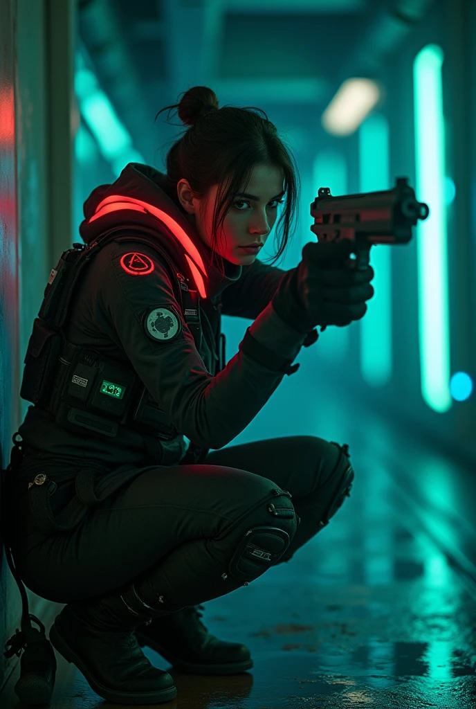 (grainy:0.5), Cinematic,girl, Ksenia Solo, space, serious, detailed eyes, Detailed face, detailed futuristic clothing, lights in clothing, (aiming gun:1.1), (hide:1.1), (squat, looking sideways :1.1), volumetric lighting, isolation, horror, dark lighting, red bioluminescent details, green bioluminescent details, blue bioluminescent details