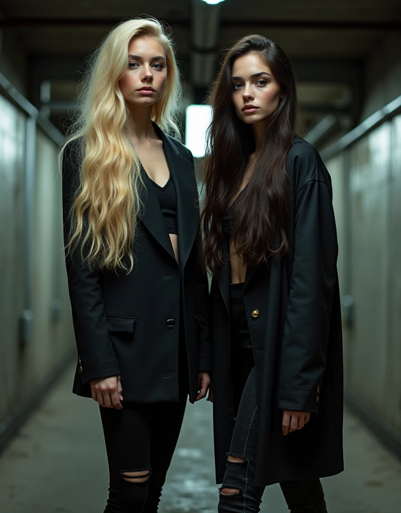 full body, long hair, one blonde and one dark hair young woman, in a photoshoot in the underground of berlin