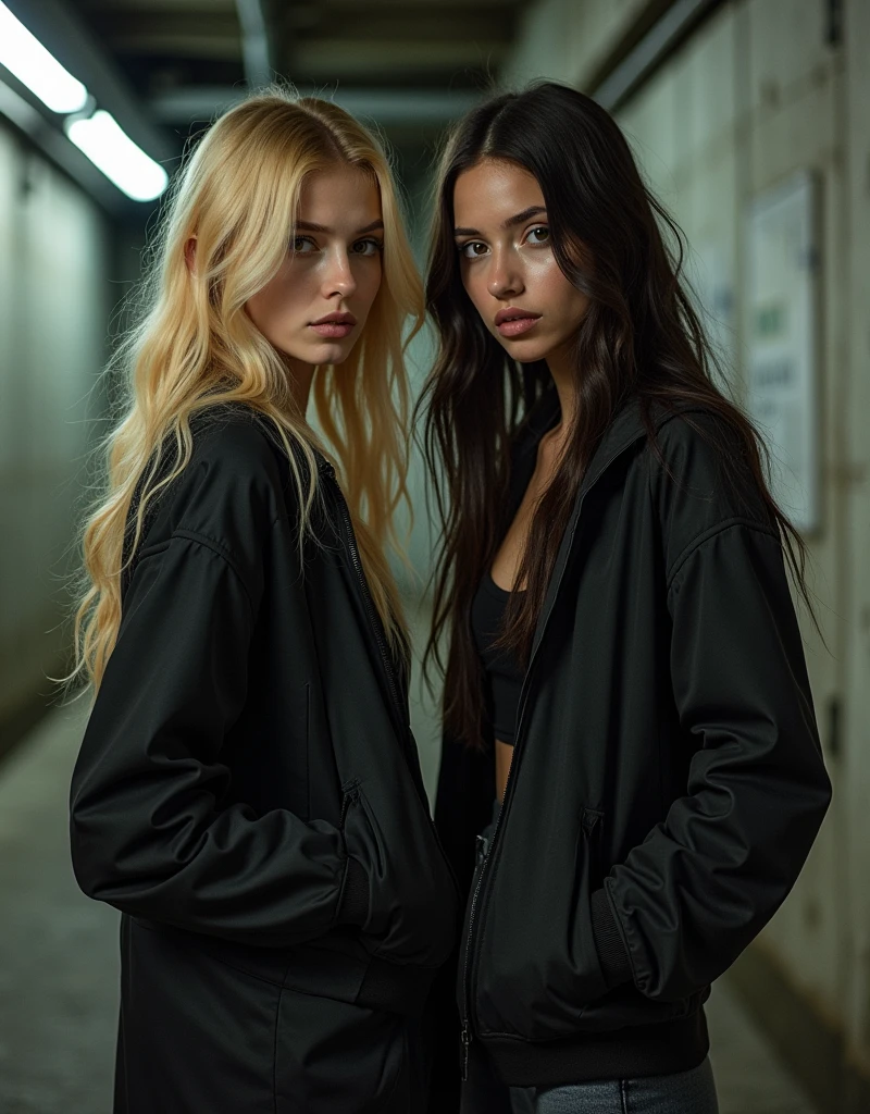 full body, long hair, one blonde and one dark hair young woman, in a photoshoot in the underground of berlin