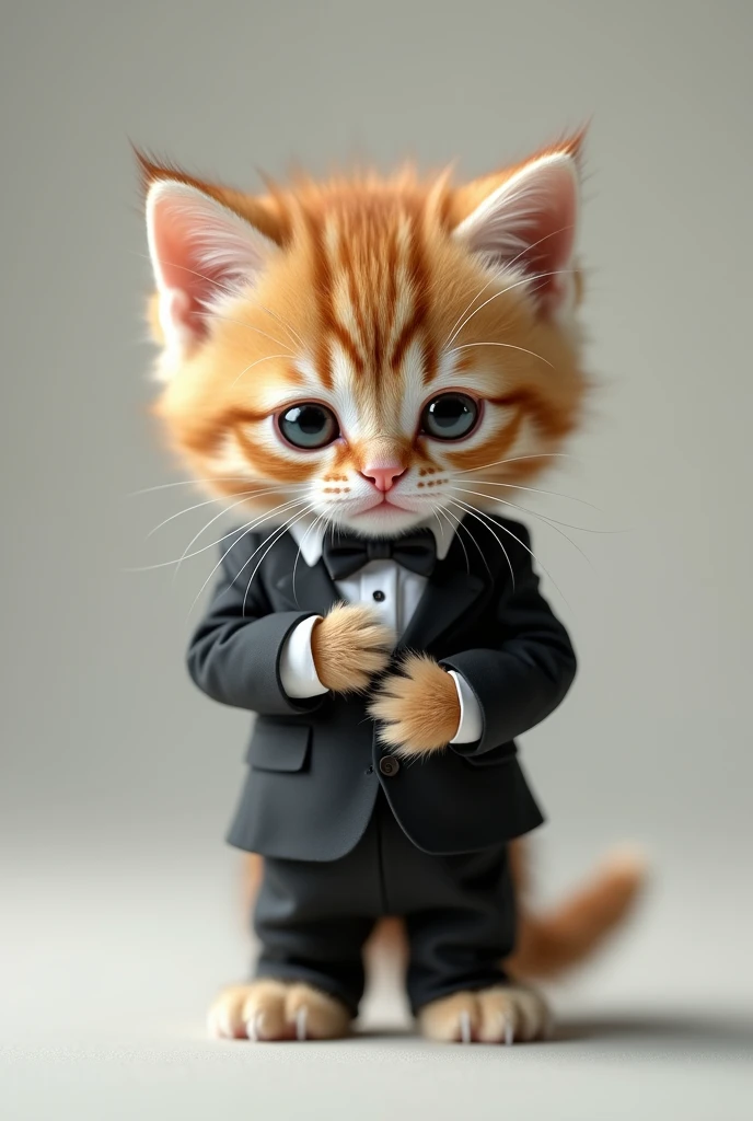 ： "AI-generated image of an adorable kitten in a tiny formal suit。 The kitten is holding his stomach and looks unwell