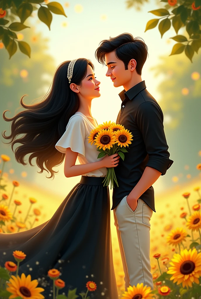 Disney-Pixar movie Poster A woman with long black hair, wearing a pearl headband, wearing a white couple shirt, a black skirt, holding a bouquet of sunflowers. A man with black hair, wearing a black couple shirt and white jeans