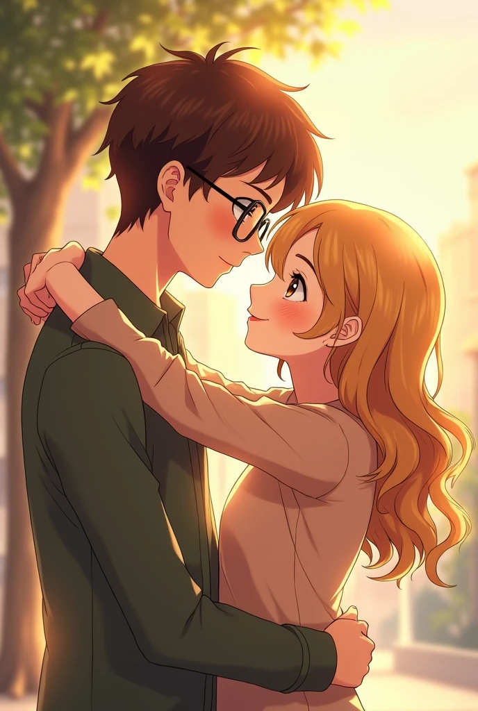 Anime of a handsome young man with glasses and brown short hair in a casual pose hugging a young woman with honey-colored wavy hair.