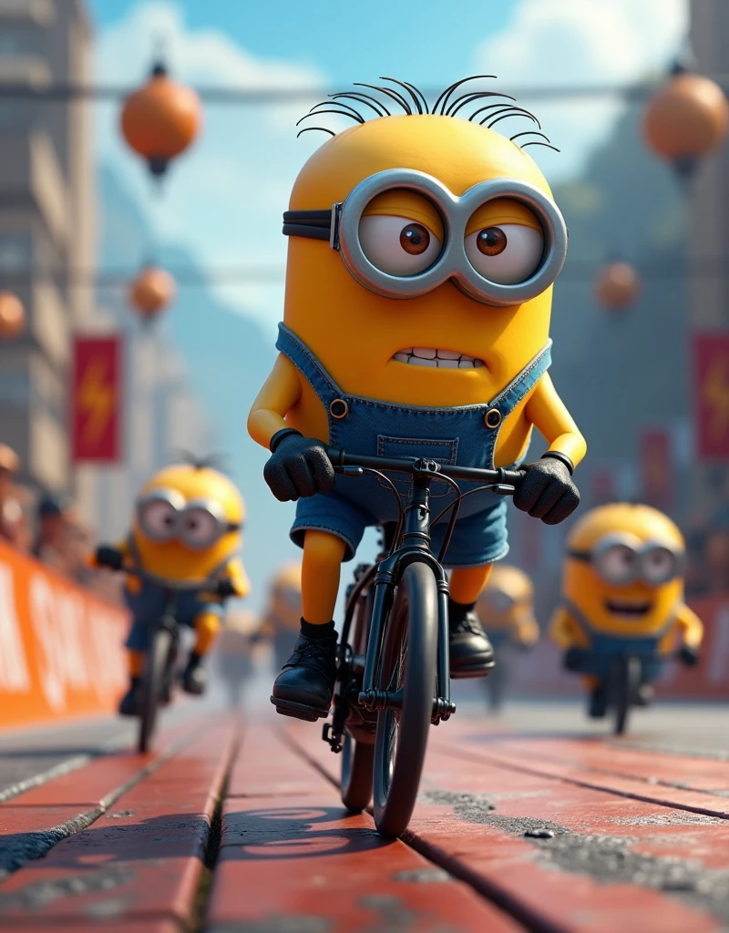 Minion Kevin black bike in Ultimate Bike Race, Kevin sees the finish line ahead.. He put all his strength into pedaling quickly to the finish line., overcome some other Minions, with a determined face.
bicycle