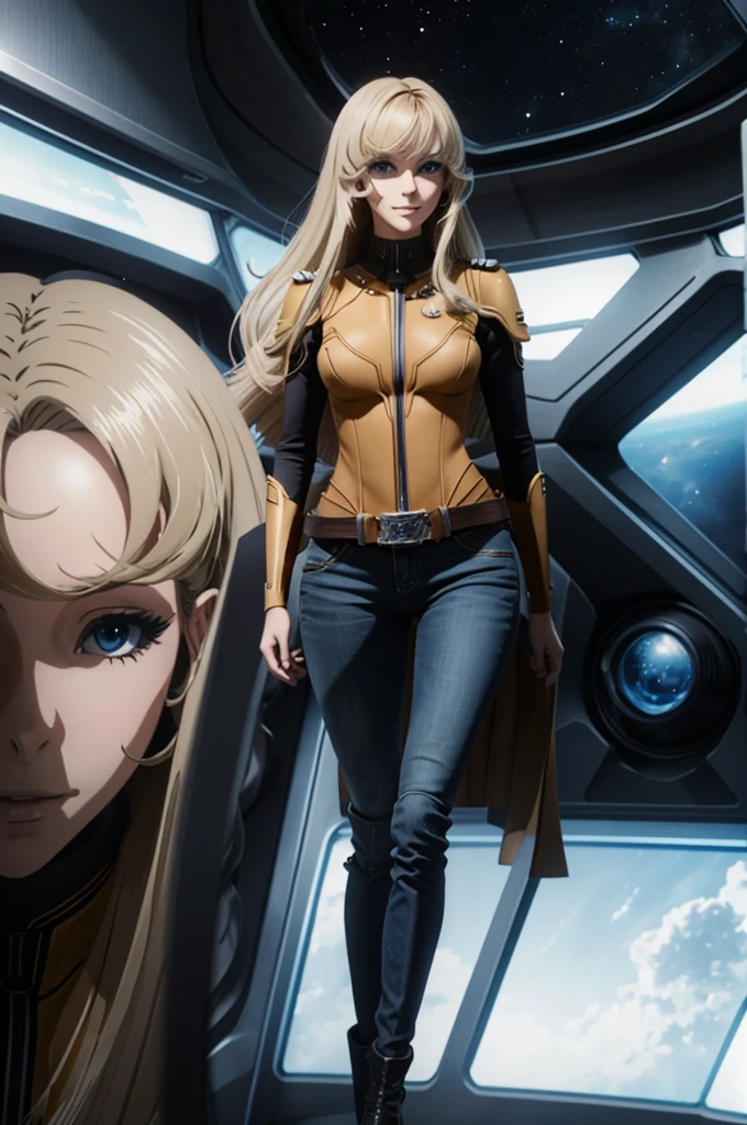 Anime style female character inspired by vintage space opera aesthetics, with elongated facial features, 165 cm tall, having blond, waist-length, wavy hair with V bangs, and blue eyes. She is wearing ultra tight skinny jeans with high riding boots over them, adding an equestrian touch to her ensemble. The character's design reflects a blend of space opera elements and a realistic body proportion, highlighting her strong yet feminine presence, big boobs,big ass, smile