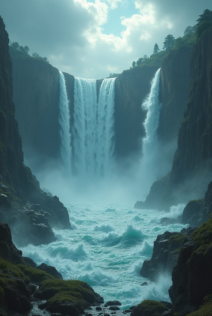 the great flood that destroys all living beings, lots of flooding, waters coming out of the earth and great waterfalls coming from the sky.