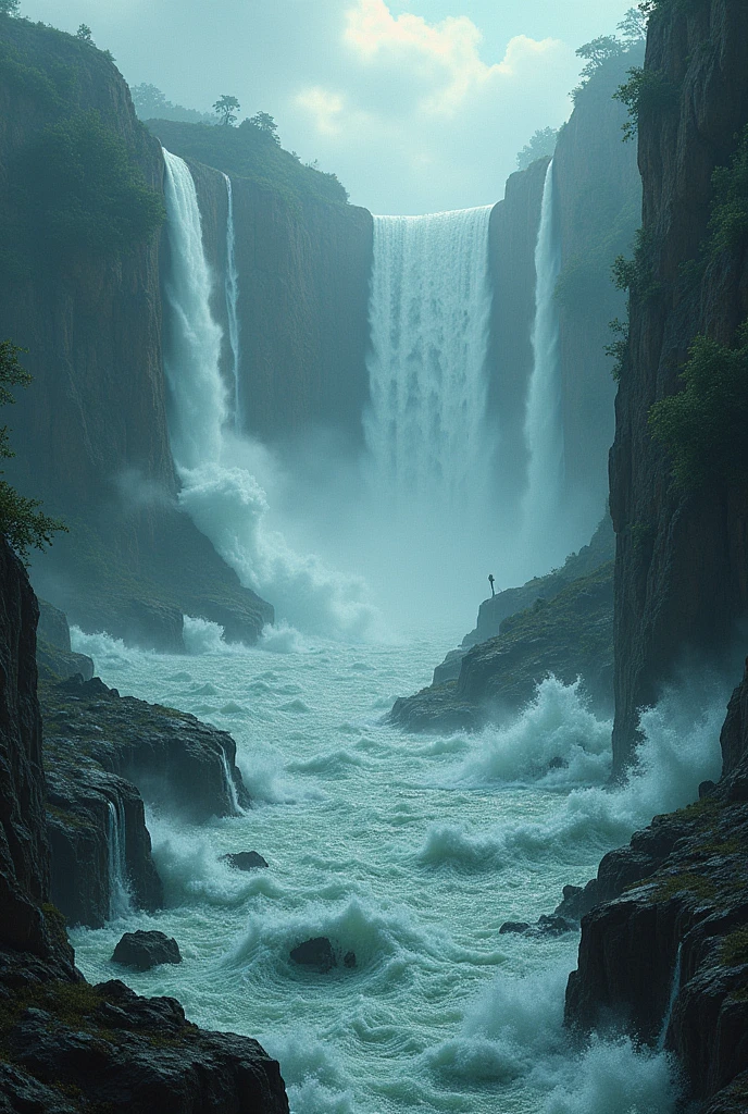 the great flood that destroys all living beings, lots of flooding, waters coming out of the earth and great waterfalls coming from the sky.