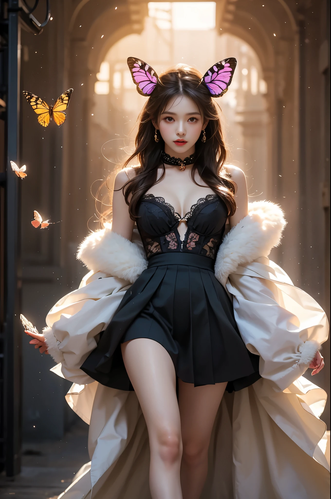 outfit desert eagle elegant posture, She gently lifted her skirt with one hand,头发周围有白色的Butterfly兰,Lilac dendrobium、White Lily, Long legs , Deep in Wonderland, ((Flowing long hair))Official Art , Unity8k Wallpaper , Extremely detailed , Visible , Pretty and beautiful , 性感Long legs, masterpiece , best quality ,Practical, Very detailed illustrations ,Extremely detailed , Intricate details , Extremely complex and detailed , Very detailed 8KCG wallpaper , Caustics .reflection , Ray Tracing , Devil theme ,nebula ,Dark aura, Network Effects , (1 girl)solitary , 小蓝Butterfly , (Blue plasma flame , (insect , ButterflPastel tones in Rococo style ,Light white and light dark red , Incredibly beautiful , Cherry blossoms , Surrealism ,painting , Ethereal , Mixing reality and fantasy elements ,Ray Tracing , Complex Mode , Exquisite lines , Perfect your hands, Starry Sky , Colorful , Star