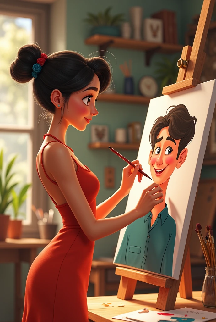 Animeted colored 2d picture. A girl (22y) is drawing a boy (22y) . In room, on canvas. The girl is wearing three-piece (BD dress)