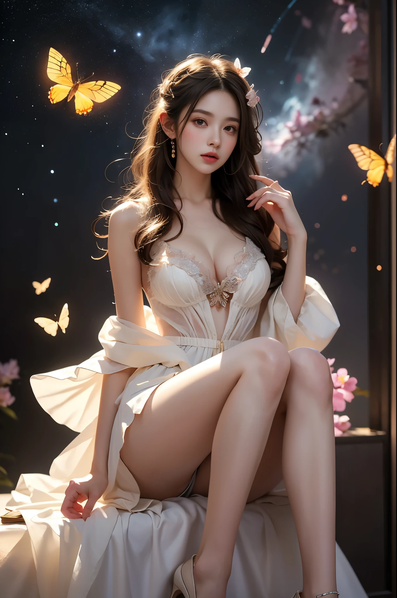 outfit desert eagle elegant posture, She gently lifted her skirt with one hand,头发周围有白色的Butterfly兰，Lilac dendrobium、White Lily, Long legs , Deep in Wonderland, ((Flowing long hair))Official Art , Unity8k Wallpaper , Extremely detailed , Visible cleavage, Pretty and beautiful , 性感Long legs, masterpiece , best quality ,Practical, Very detailed illustrations ,Extremely detailed , Intricate details , Extremely complex and detailed , Very detailed 8KCG wallpaper , Caustics .reflection , Ray Tracing , Devil theme ,nebula ,Dark aura, Network Effects , (1 girl)solitary , 小蓝Butterfly , (Blue plasma flame , (insect , Butterfly)) Pastel tones in Rococo style ,Light white and light dark red , Incredibly beautiful , Cherry blossoms , Surrealism ,painting , Ethereal , Mixing reality and fantasy elements ,Ray Tracing , Complex Mode , Exquisite lines , Perfect your hands, Starry Sky , Colorful , Star