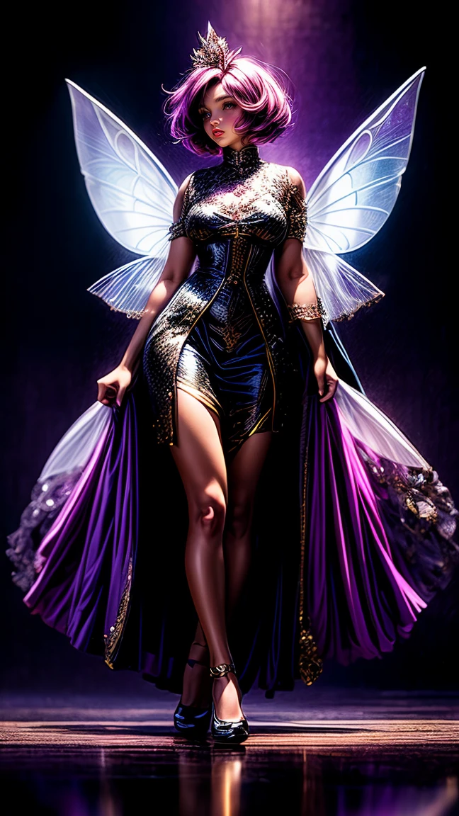 young intricate woman in royal palace, beautiful woman, Bob cut short hair, bright purple color hair, bright purple eyes, white skinned, solo, transparent purple fairy wings on her back ( pay attention to purple fairy wings), big breast and big ass, dressed in black clothes, wide angle lens f/2.8, ultra insane high resolution intricate textures, texture indentation, perfect perspective, perfect geometry, ultra insane ambient lighting, ultra insane ambient shadows, wearing full pink colored clothes, sexy clothes, luminism, ultra detailed busy background, tessellation, maximalism, perfectionism, IPA Award wining masterpiece, curvy figured woman, seductive expression, seductive figure, full body.