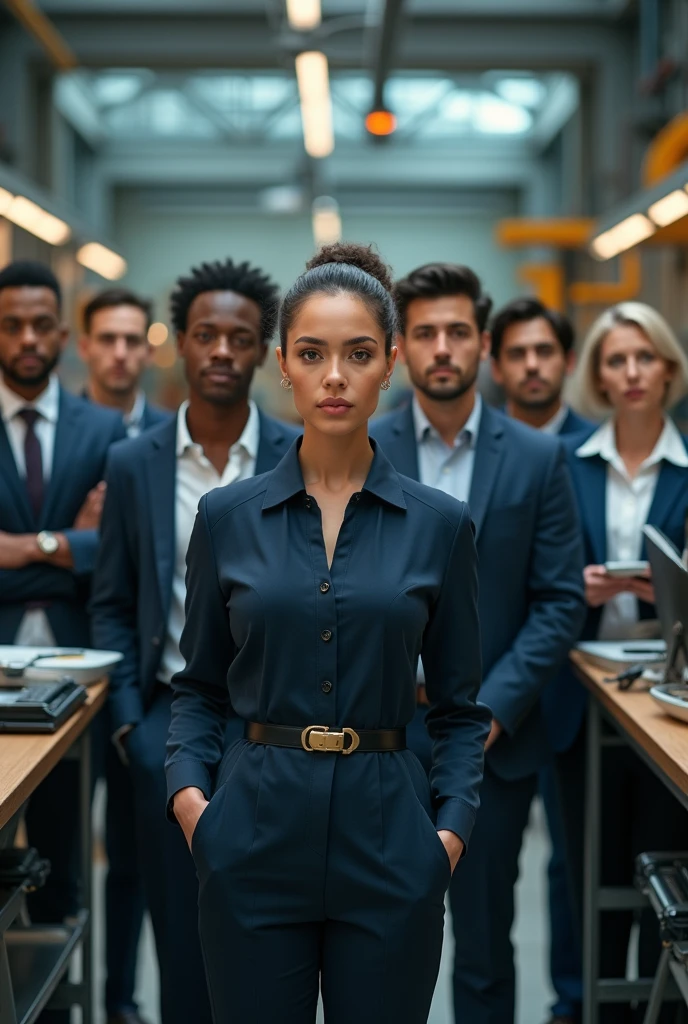 elegant employee dressed as working person as engineer, with diverse racec in a workplace, photography, detailed, skin, realistic, photo-realistic, 8k, highly
detailed, full length frame, High detail RAW color art, piercing, diffused soft
lighting, shallow depth of field, sharp focus, hyperrealism, cinematic lighting
