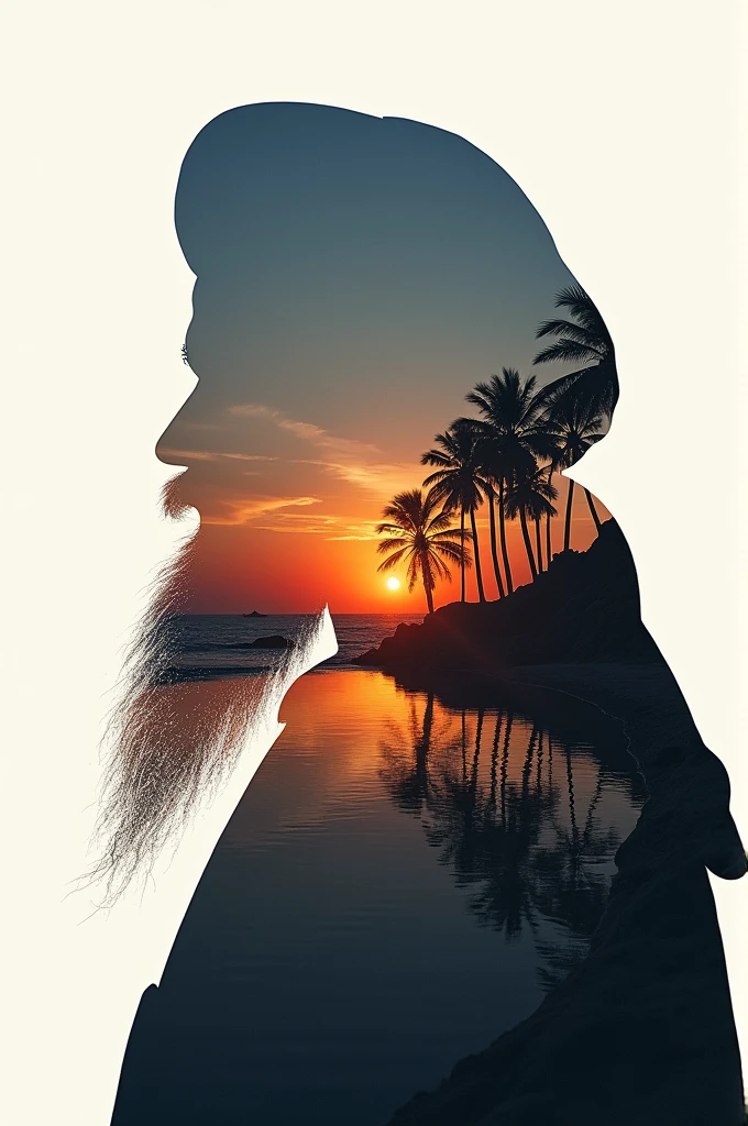 high quality, 8K Ultra HD, A beautiful double exposure that combines an sikh men with long beard silhouette with sunset coast, sunset coast should serve as the underlying backdrop, with its details incorporated into the figure crisp lines, The background is monochrome, sharp focus, double exposure, awesome full color,