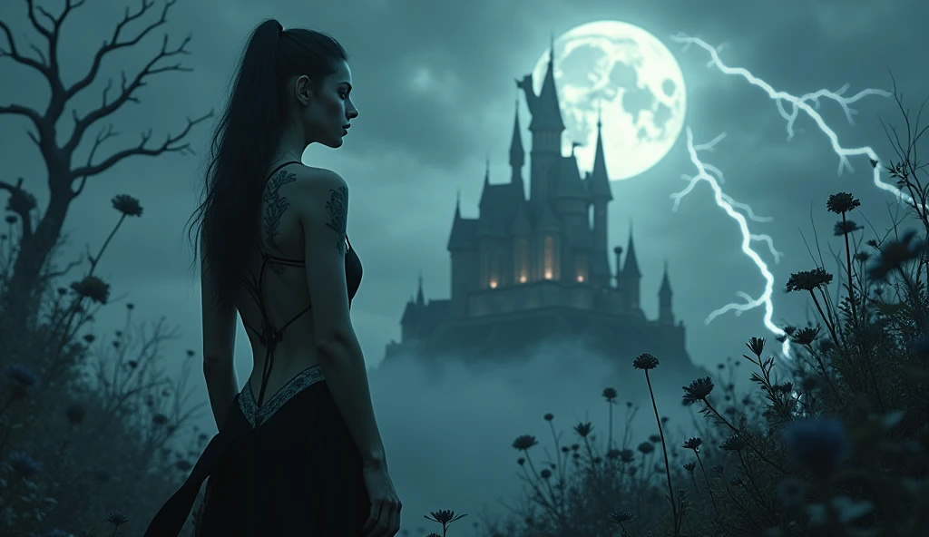 En arrière plan se trouve un magnifique château effrayant avec une magnifique lune (4k) avec des éclaires menaçant , au second plan se trouve des fleurs magnifiques noires avec de jolies arbres effrayants avec des traces de sang , au premier plan on trouve une jolie fille attache a un rocher se tenant debout avec une main lever vers le haut avec de magnifique tatouages avec un regard de vainqueur