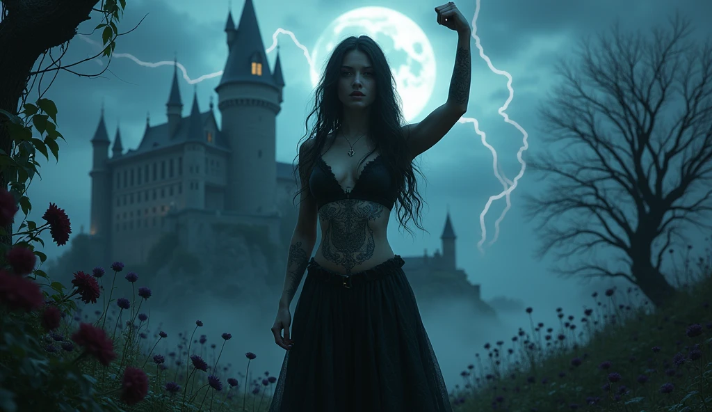 En arrière plan se trouve un magnifique château effrayant avec une magnifique lune (4k) avec des éclaires menaçant , au second plan se trouve des fleurs magnifiques noires avec de jolies arbres effrayants avec des traces de sang , au premier plan on trouve une jolie fille attache a un rocher se tenant debout avec une main lever vers le haut avec de magnifique tatouages avec un regard de vainqueur
