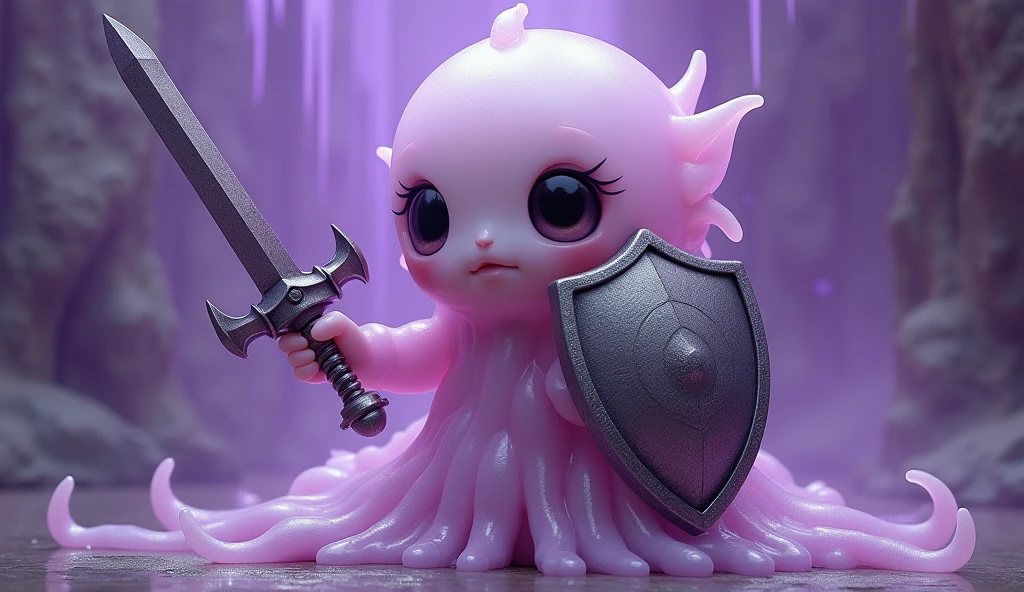 ((Highest quality)), ((masterpiece)), (detailed),A gel-like, disintegrating creature、Purple、No limbs、Holding a metal hero&#39;s shield in one hand and a metal hero&#39;s sword in the other、Her face is cute、One person、
