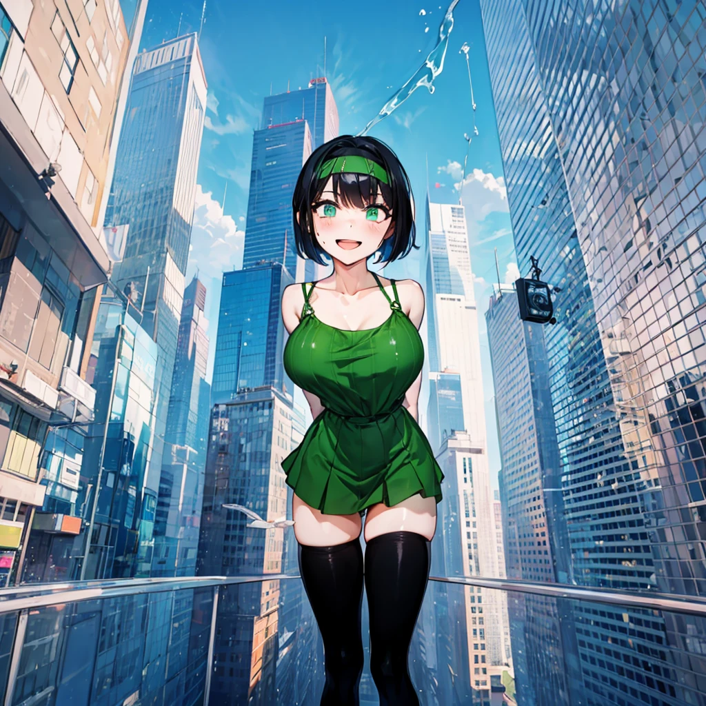 (solo), (1 skinny girl standing), arms behind back, swaying back, (tight-fit black thighhighs), collarbone, BREAK, (yellow hairband), green dress with shoulder straps, (shoulderless white shirts under dress), glass-walled skyscrapers in distance, BREAK, (long skinny legs), huge breasts, BREAK, (forced smile:1.3), (dripping tires:1.3), (disappeared), open mouth, orgasm, nsfw, pussy juice dripping down between thighs