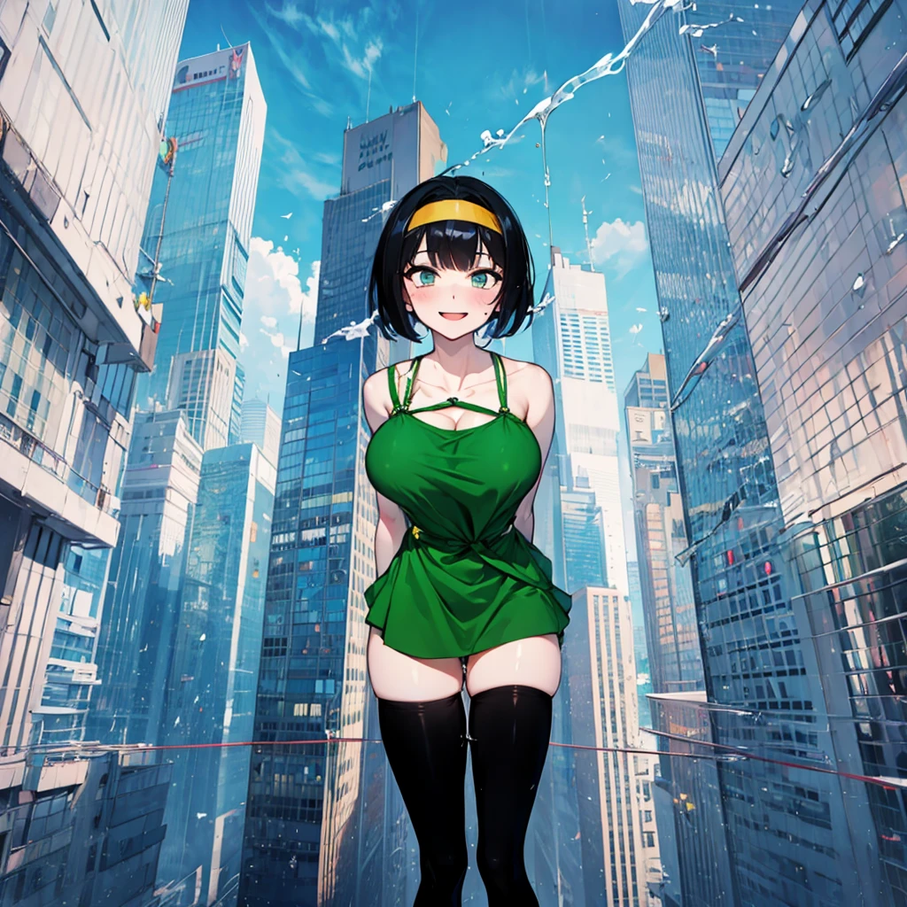 (solo), (1 skinny girl standing), arms behind back, swaying back, (tight-fit black thighhighs), collarbone, glass-walled skyscrapers in distance, BREAK, (long skinny legs), huge breasts, BREAK, (forced smile:1.3), (dripping tires:1.3), (disappeared), open mouth, orgasm, nsfw, pussy juice dripping down between thighs
