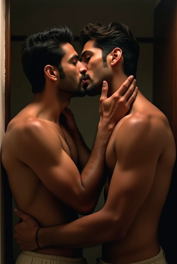 two handsome indian men kissing each other lip to lip using tongue