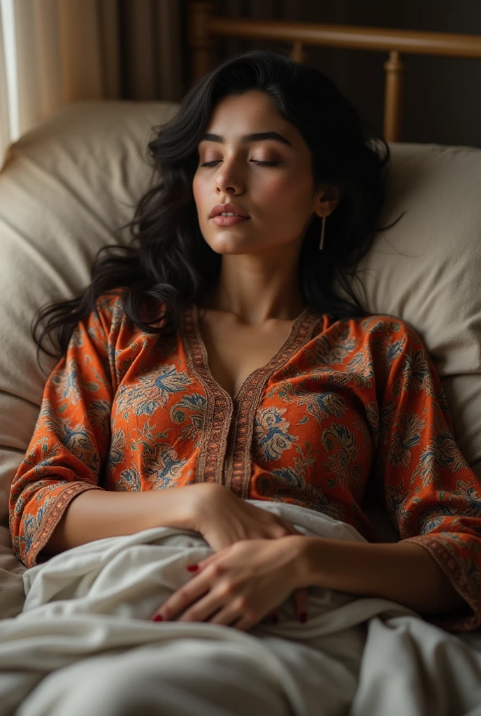 Create a Indian women image in leggings and kurti sleep on bed close image misinery position full body
