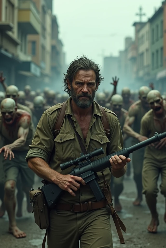 Man fighting alone with attacking zombie apocalypse