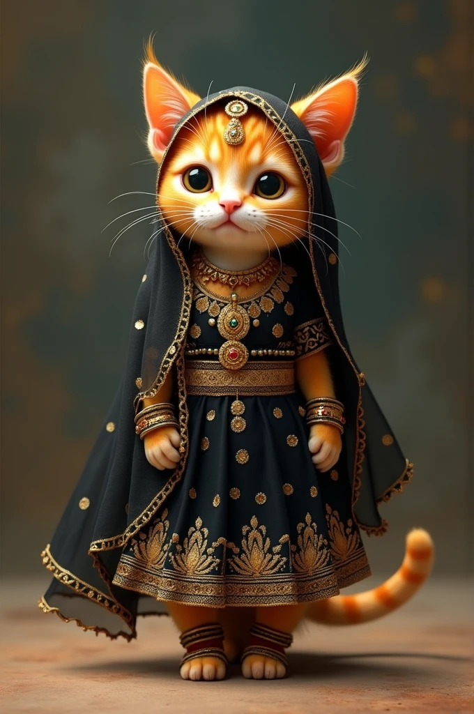Small cat yellow colour ki black colour ka lehenga pahne hue bridal sar per chunni liye hue Puri jewellery pahne hue hathon mein chudiyan pairon mein Payal aur pairon mein sandal small cat sar per chunni liye hue