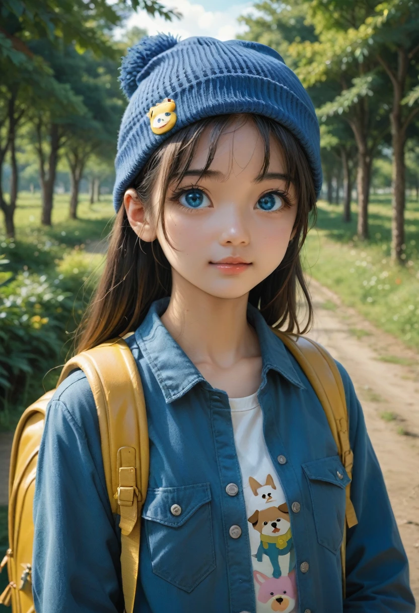 anime girl with a (((yellow backpack))) and (((four dogs in a field of coconut trees))), ((((blue eyes girl)))), (((The girl is wearing a beanie))), cute detailed digital art, adorable digital painting, ((((camera a front of character)))), artwork in the style of guweiz, realistic anime 3 d style, anime styled 3d, render of a cute 3d anime girl, made with anime painter studio, anime style. 8k, childrens art in artstation, anime visual of a cute girl,