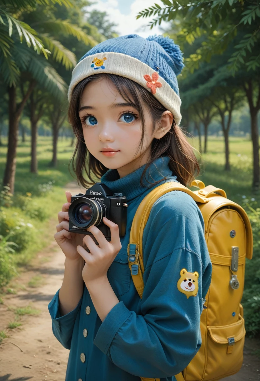 anime girl with a (((yellow backpack))) and (((four dogs in a field of coconut trees))), ((((blue eyes girl)))), (((The girl is wearing a beanie))), cute detailed digital art, adorable digital painting, ((((camera a front of character)))), artwork in the style of guweiz, realistic anime 3 d style, anime styled 3d, render of a cute 3d anime girl, made with anime painter studio, anime style. 8k, childrens art in artstation, anime visual of a cute girl,