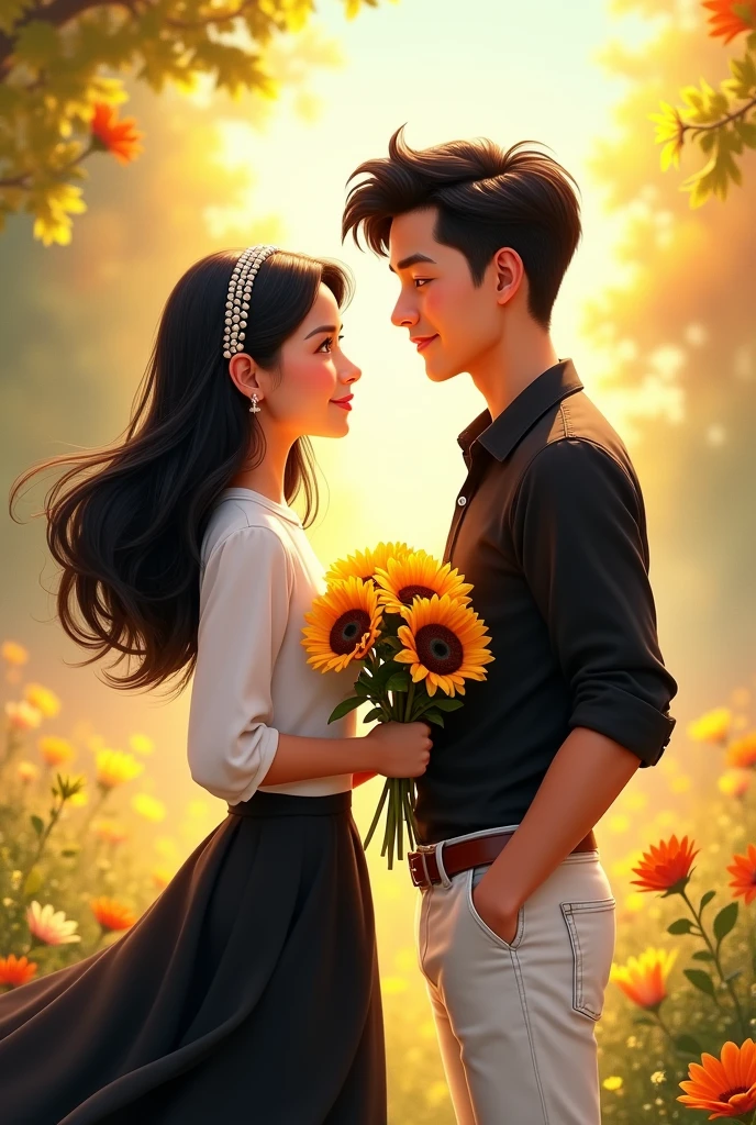 Disney-Pixar movie Poster A woman with long black hair, wearing a pearl headband, wearing a white couple shirt, a black skirt, holding a bouquet of sunflowers. A man with black hair, wearing a black couple shirt and white jeans