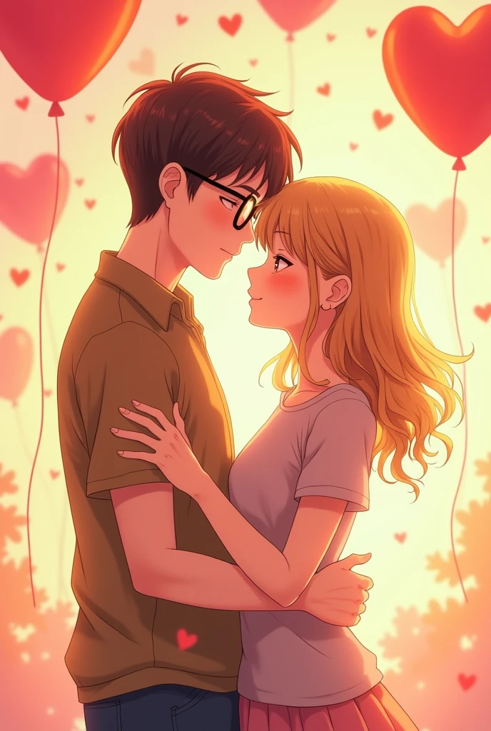 Anime of a handsome young man with glasses and brown short hair in a casual pose hugging a young woman with honey-colored wavy hair, parading heart-shaped balloons.