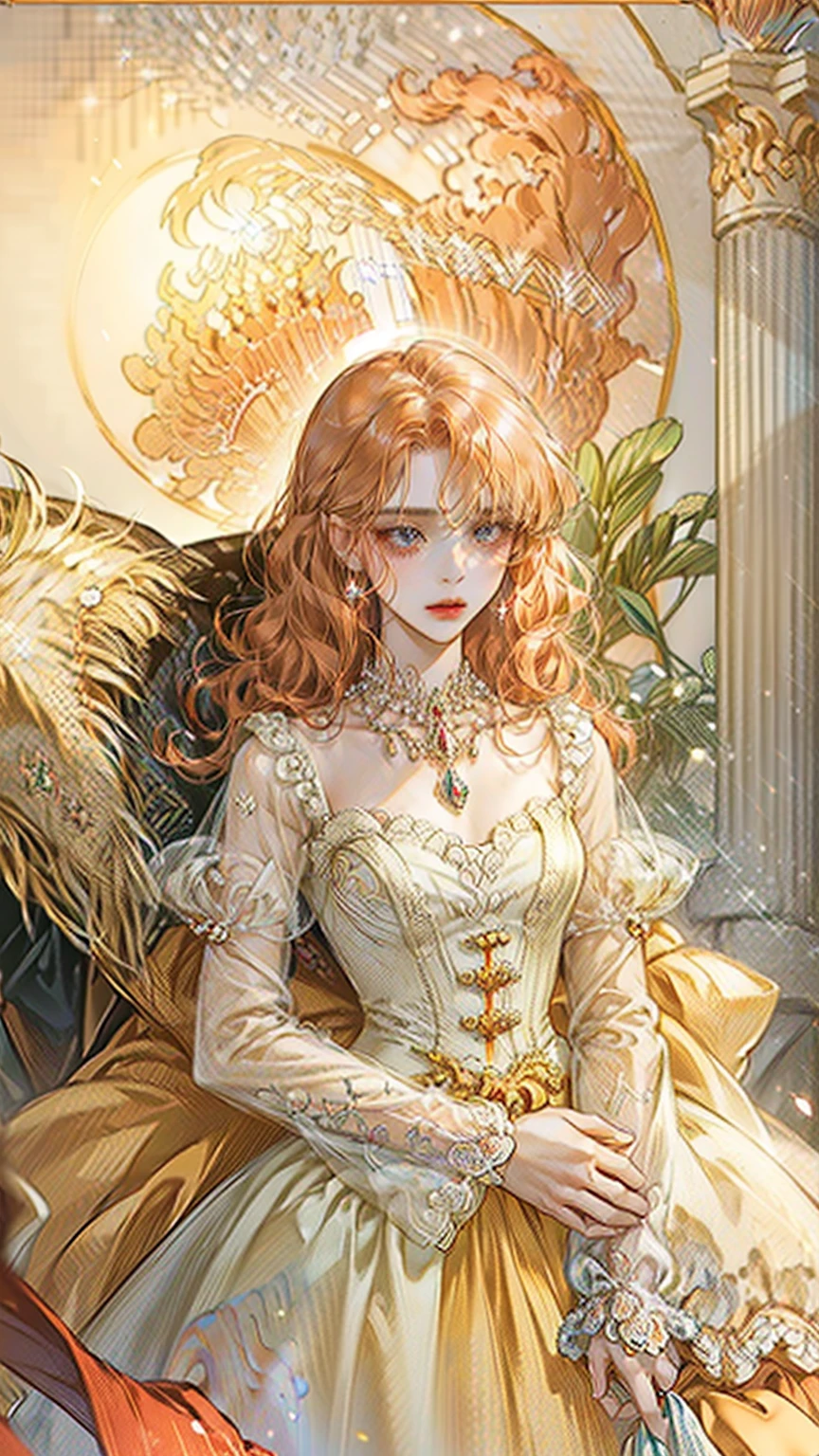 ((best quality)), ((masterpiece)), ((Romance Fantasy)), ((illustration)), (detailed), (clear), (Perfect), 1 woman, mature, upstage, expressionless, long orange curly hair, tanned skin, Vermilion eyes, abundant eyelashes, Twinkle-free, red lips, big bust, small waist, white dress, Diamond necklace, Standing in an elegant posture, A sideways glance