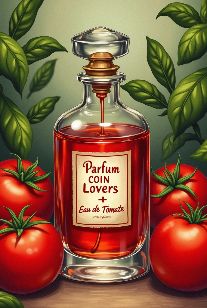Image d’illustration vintage flacon transparent rouge de parfum inscrit « Parfum Coin Coin Lovers » inscrit « Eau de Tomate », en arrière plan des tomates et dû basilic