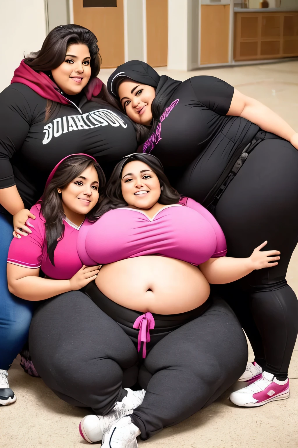 four extremely fat old latino women hugging, huge bust, 300 pounds, black pants, large stomach, lovehandles, smiling, bbw, plus size woman, wearing baseball cap, belt, massive and gigantic belly, wearing hoodie, hand on stomach, lying down, text on stomach