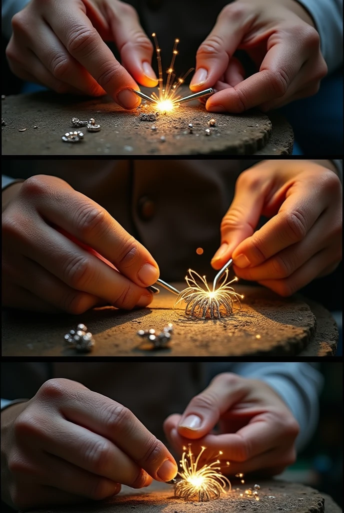 A series of realistic images capturing the intricate and challenging process of jewelry making, showcasing the artisan's rough hands working with lustrous materials from various angles,polishing ,plating