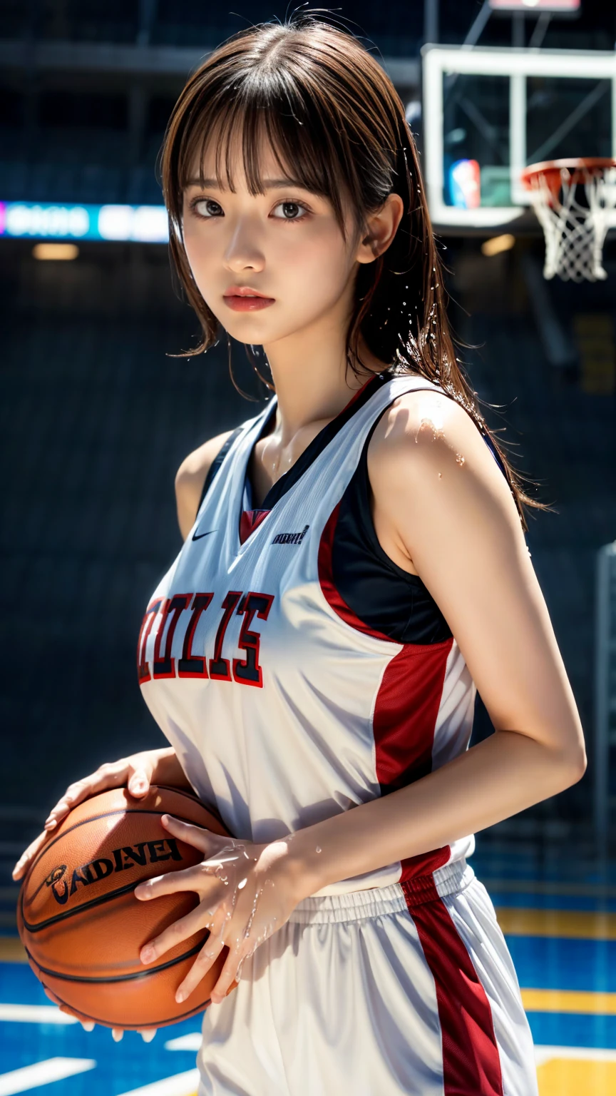 Highly detailed CG Unity 8k wallpaper, of the highest quality, super detailed, masutepiece, Realistic, photographrealistic, extremely detailed cute girl, 2, ,, Upper body , ,Colossal tits,Black eyes,shiny basketball uniform,Wet with water