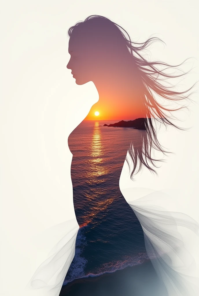 high quality, 8K Ultra HD, A beautiful double exposure that combines an goddess silhouette with sunset coast, sunset coast should serve as the underlying backdrop, with its details incorporated into the goddess , crisp lines, The background is monochrome, sharp focus, double exposure, by yukisakura, awesome full color,